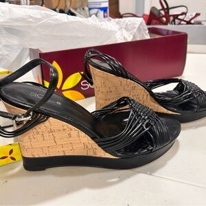 SO Black and Tan Wedge Sandals